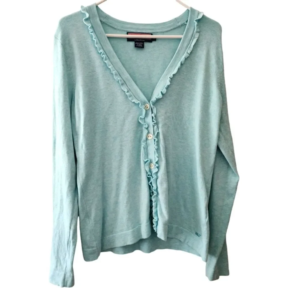 Vineyard Vines Ruffle Cardigan Aqua Blue Women Size L - Picture 1 of 9